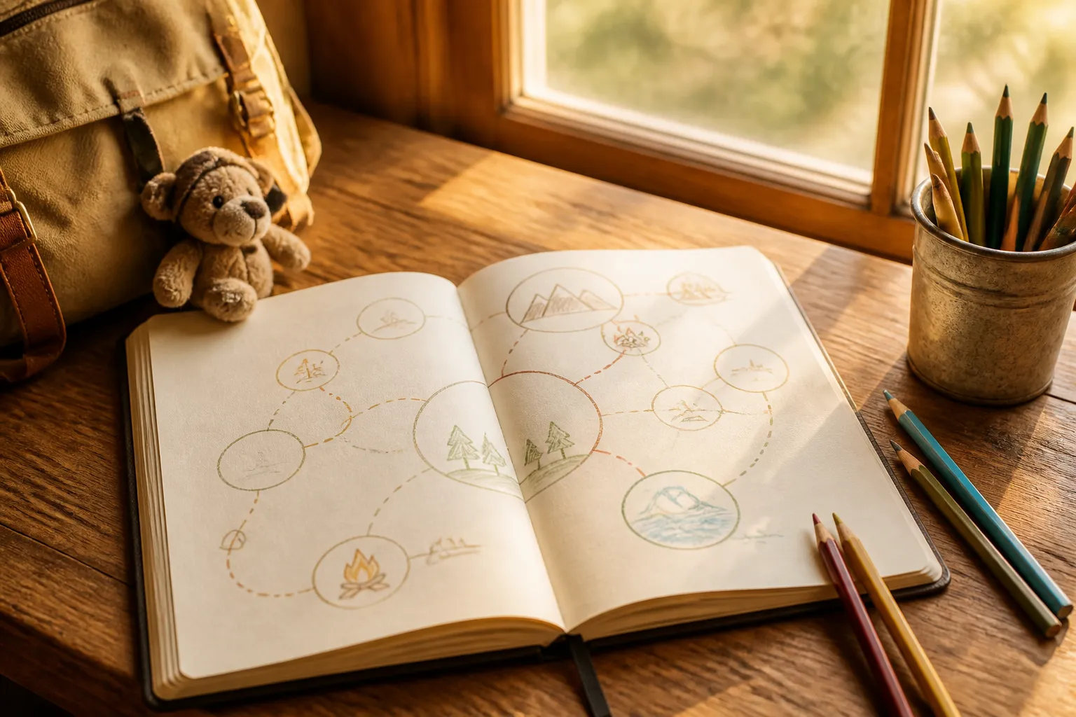 Open travel notebook on a wooden table with a hand-drawn day map, colored pencils, a small stuffed toy, and soft morning window light, 1920x1080
