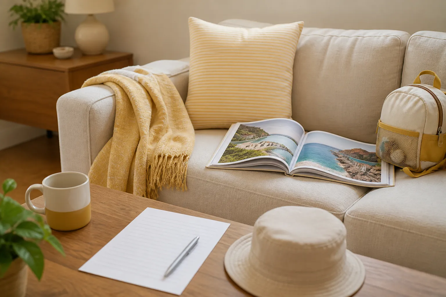 Quiet reading nook with a travel guide open on a linen sofa, soft daylight, a child's backpack nearby, and a marked packing checklist on the coffee table, 1920x1080