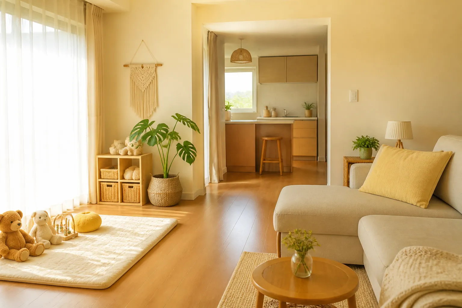 Bright rental living room with a low play corner, kitchen visible through an open doorway, soft sofa and floor space clear for a child to move, afternoon window light, 1600x1000