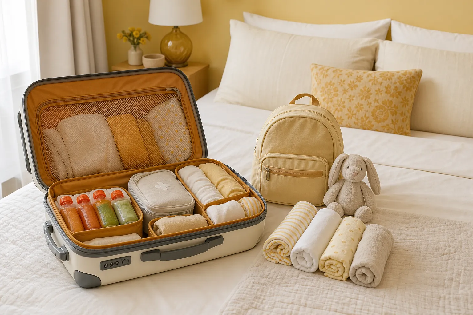 Open suitcase on a bed with neatly separated child essentials, snack pouches, a compact first-aid pouch, and soft clothes rolled beside a small backpack, 1400x900