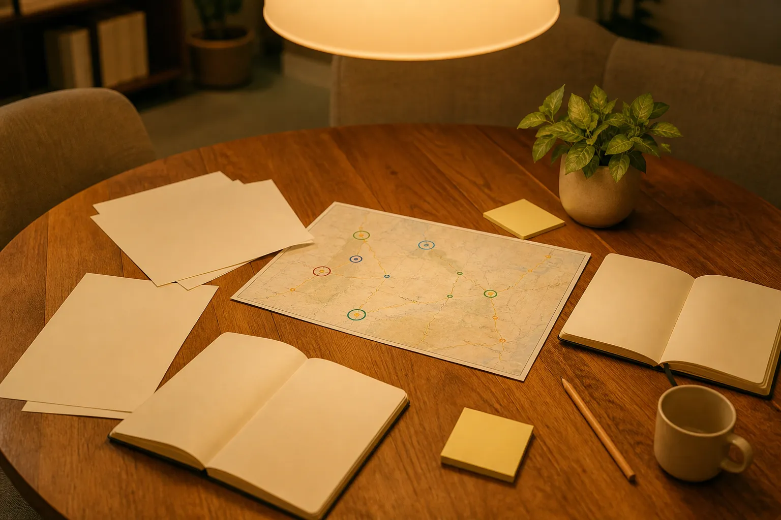 Small meeting table with printed lodging criteria, a map marked with rest stops, two notebooks, and warm overhead light in a quiet workspace, 1600x1000