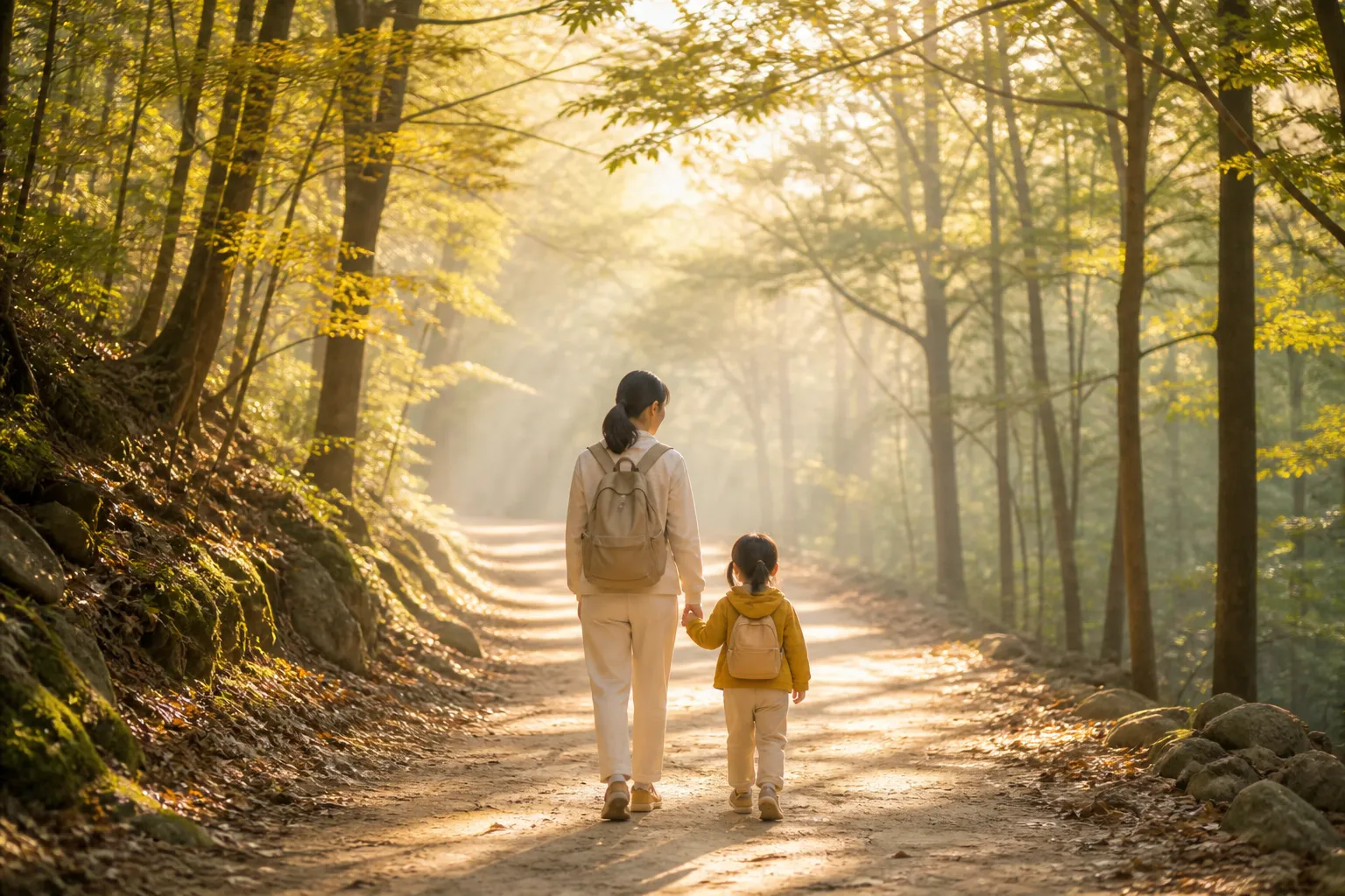 Sunlit forest trail with a parent and child walking ahead, soft morning haze between tall trees, light backpacks and a slow pace on a wide path, 1920x1080