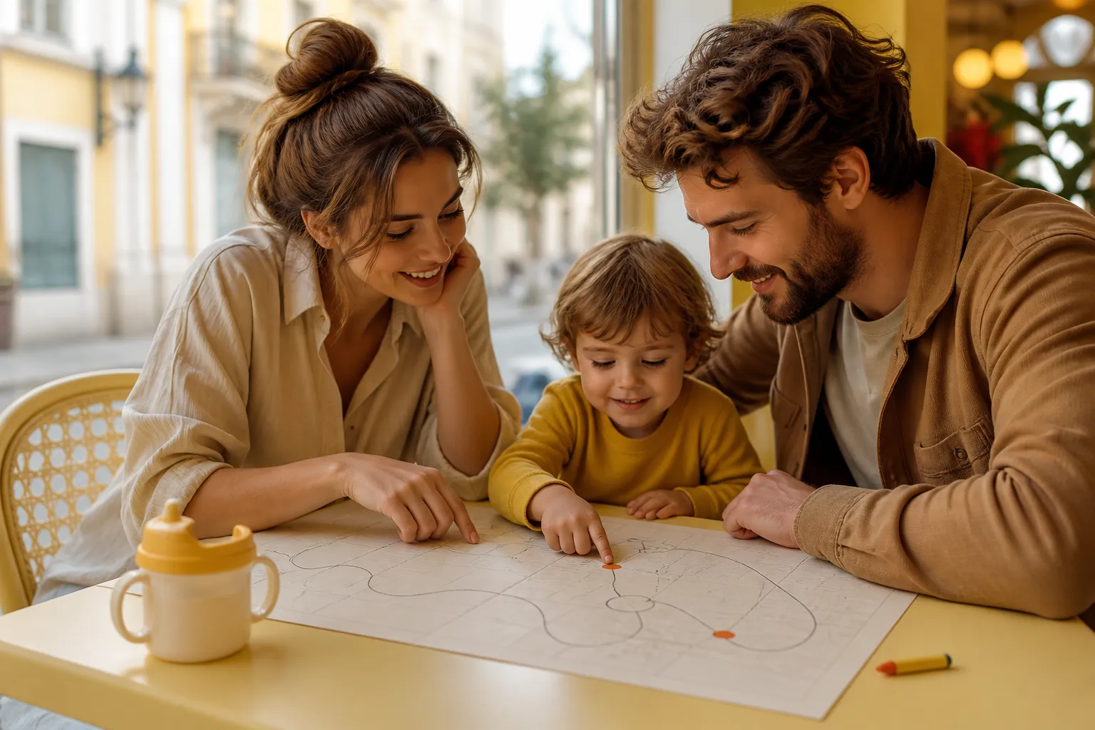 Paper day map on a cafe table with circled rest windows, two short stops marked, a sippy cup and crayon nearby, soft outdoor light through the window, 1400x900