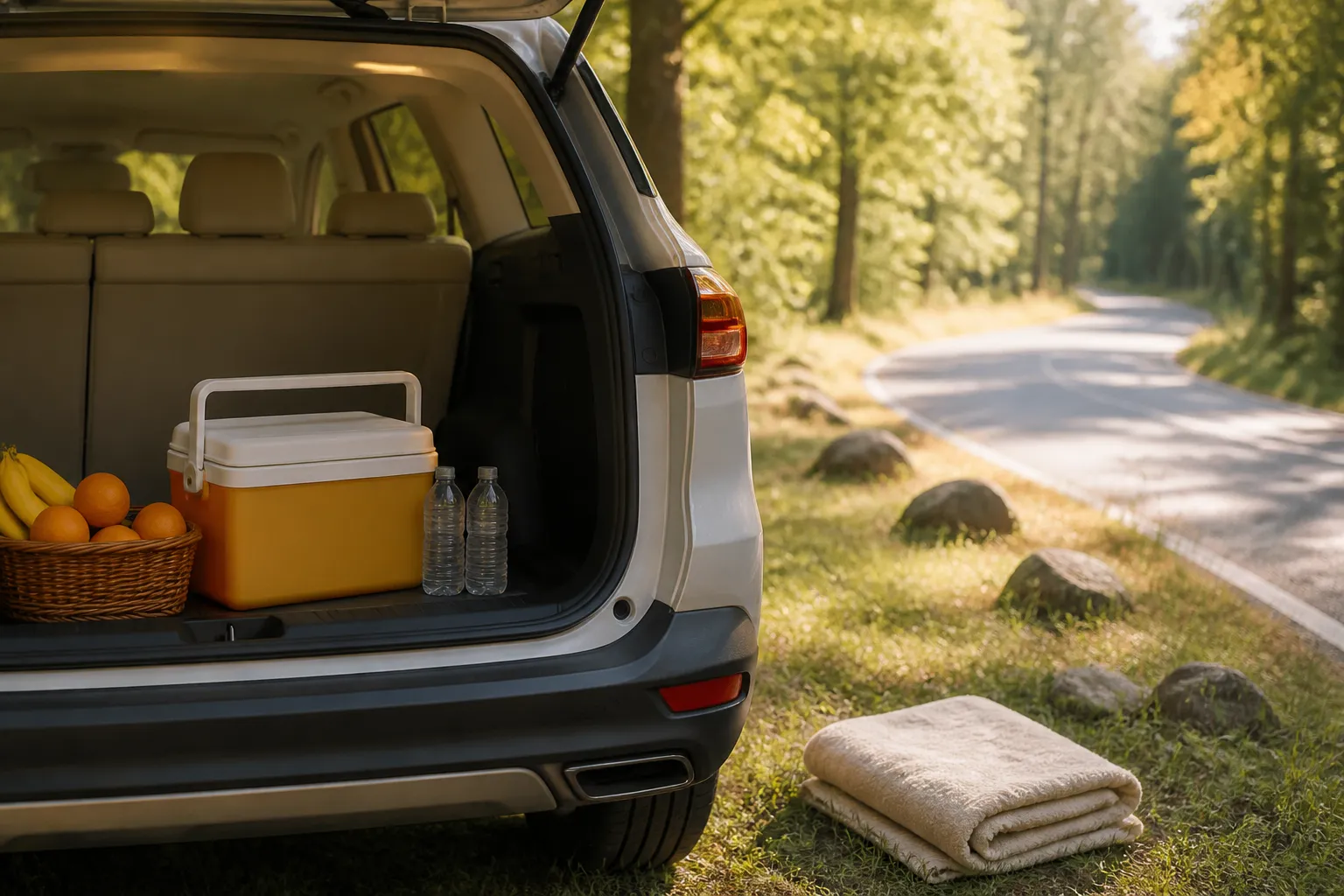 Open car trunk roadside stop with a small cooler, fruit, water bottles, and a folded blanket on grass beside a quiet paved pull-off, soft daylight, 1600x1000