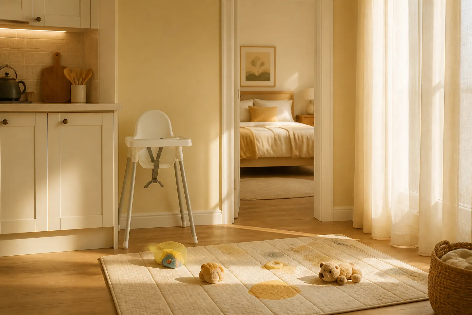 Bright rental kitchen corner with a high chair tucked aside, low play mat on the floor, quiet bedroom doorway beyond, soft afternoon light through sheer curtains, 1400x900